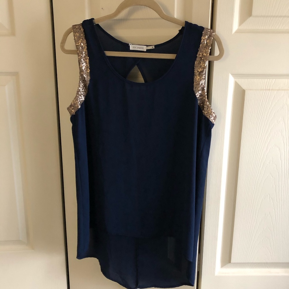 High Low Navy Tank with Gold Sequin Accent